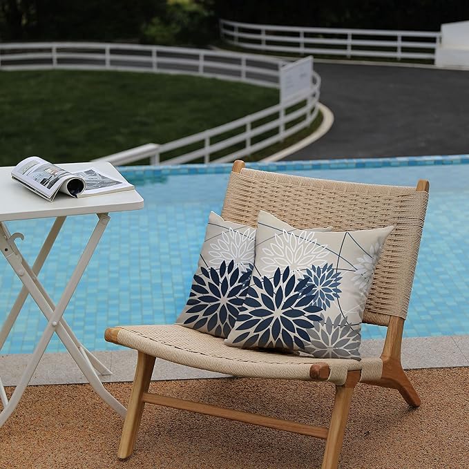 Blue and Gray Floral Pillow Covers 16x16 Set of 2 Outdoor Waterproof White Colored Decorative Throw Pillows Summer Pillowcase Polyester Cushion Case Decor for Couch Patio Funiture Garden Porch 01B16