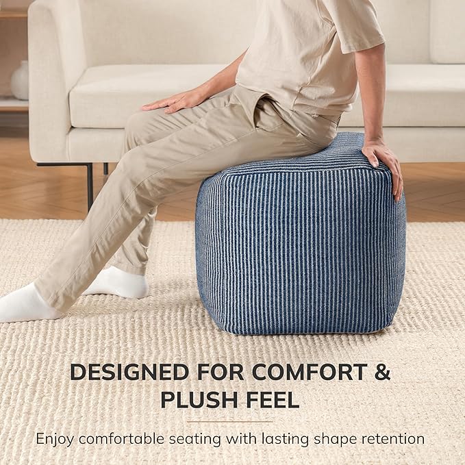 Anji Mountain Pouf Ottoman Foot Rest, Handmade Ottoman Pouf, Comfortable Foot Stool, Decorative Floor Seating for Living Room Decor, Bedroom & Home Décor Accent - Sailor Blue