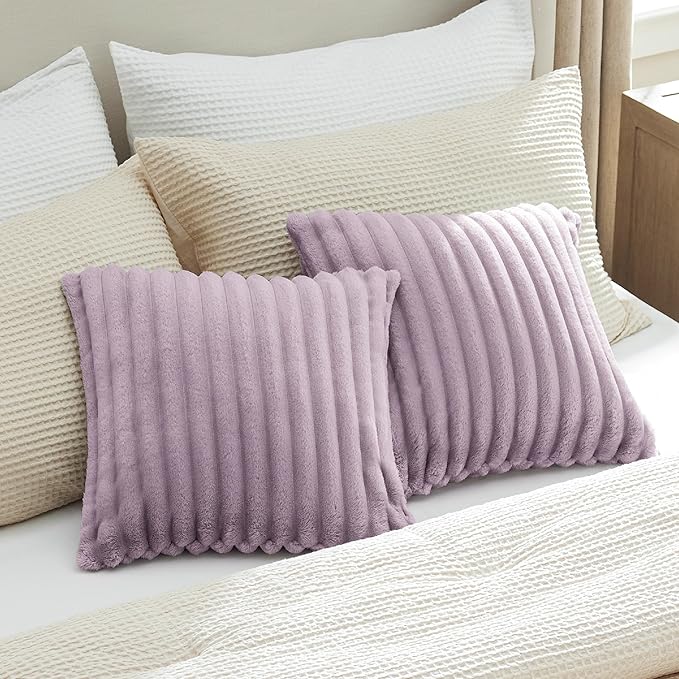 Bedsure Double-Side Striped Throw Pillow Covers 18x18 Set of 2, Spring Fluffy Light Purple Soft Decorative Pillow Covers, Home Decor for Couch Sofa Living Room Bedroom