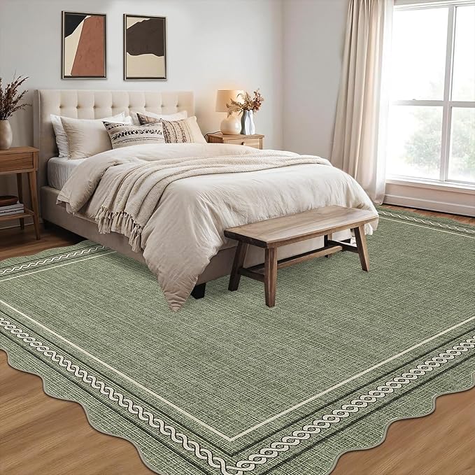 Garvee Scalloped Living Room Rug 5x7 Area Rug Washable Area Rug for Bedroom Boho Kids Rug Non Slip Throw Rugs Soft Non Shedding Low Pile Stain Resistant Carpet for Dining Room 5'x7' Green