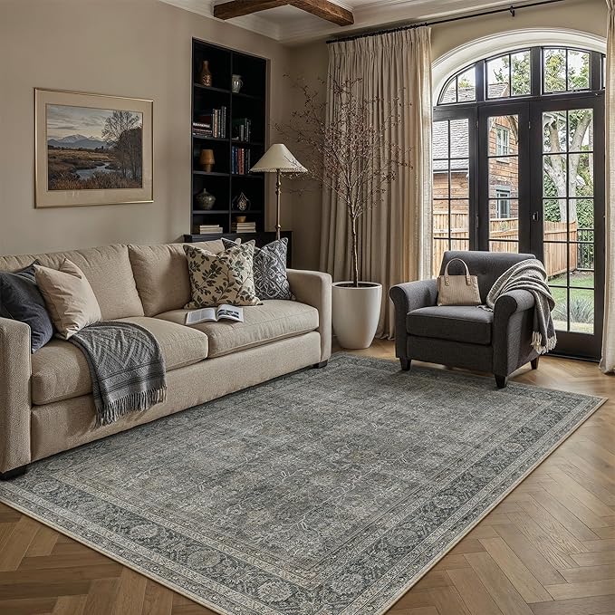 Vintage Area Rug 4x5 Grey Brown Entryway Office Washable Carpet Non Slip Bedroom Indoor Living Room Door Mat Low Pile Traditional Distressed Retro Accent Rug for Dining Room Bathroom Kitchen