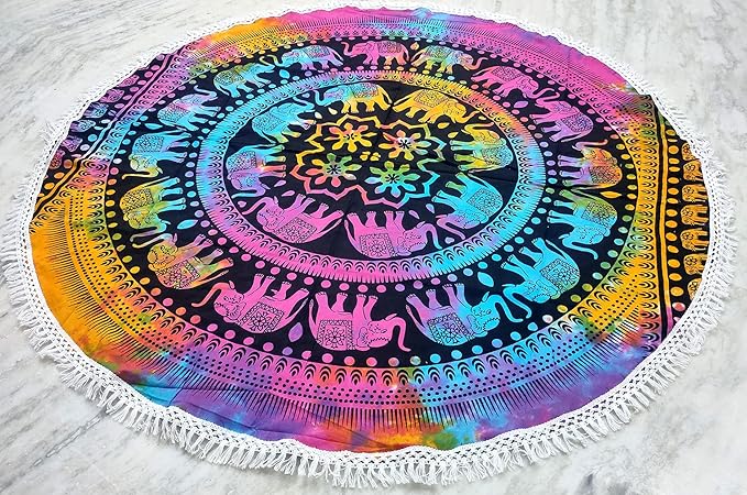 Round Beach Tapestry Turquoise Mandala Throw/Boho Hippie Beach Blanket Roundie/Indian Cotton Bohemian Large Round Table Cloth-Home Decor/Yoga Mat Meditation Picnic Rug (70", Multi Color)