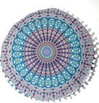 INDIAN CRAFT CASTLE ICC Blue Peacock Mandala Barmeri Large Floor Pillow Cover Cushion Meditation Seating Ottoman Throw Cover Hippie Decorative Zipped Bohemian Pouf Ottoman Cases 16" Round