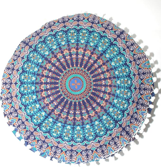 INDIAN CRAFT CASTLE ICC Mandala Barmeri Large Floor Pillow Cover Cushion Meditation Seating Ottoman Throw Cover Hippie Decorative Zipped Bohemian Pouf Ottoman Cases Blue Ombre 24" Round