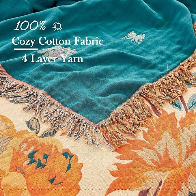 Boho Throw Blanket for Bed, 100% Cotton Soft Rustic Quilt Fall Blanket, 80" 90" Floral Printed Farmhouse Decor Bed Blankets, All Season Rustic Reversible Bohemian Throw Quilt