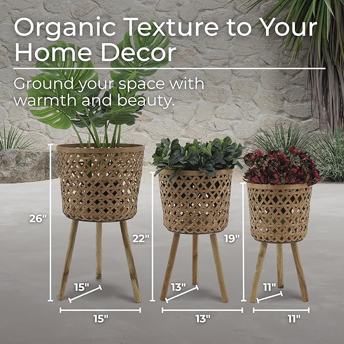 Set of 3 Woven Basket Decorative Planter Pot with Stand – Handcrafted Bamboo Pine Wood Outdoor & Indoor Plant Pot – Boho Garden & Home Decor Planters – 19", 22", & 26", Brown