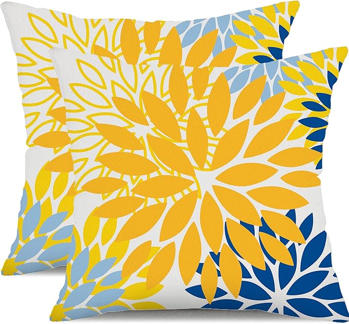 DFXSZ Yellow Blue Flower Pillow Covers 20x20 Inch Set of 2 White Gray Colored Throw Pillows Outdoor Waterproof Decor for Living Room Sofa Patio Funiture Garden Floral Polyester Pillow Covers 002J20