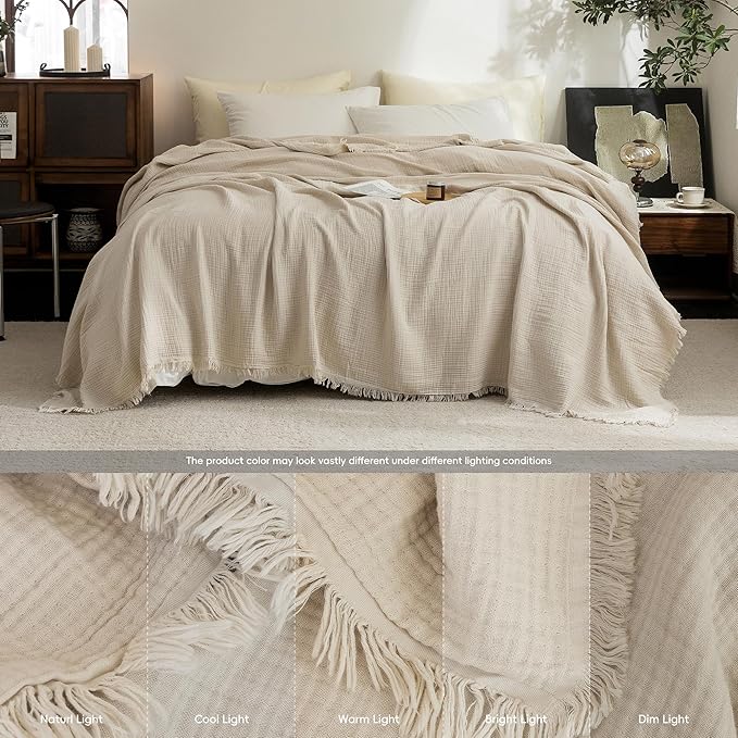 FOSSA Muslin Blanket with Fringe - 4-Layer 100% Cotton Gauze Super Soft & Breathable Throw -Lightweight Decorative Cooling Blanket for Bed, Sofa, Office -Throw XL Size 50" × 70" (Beige)