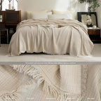 FOSSA Muslin Blanket with Fringe - 4-Layer 100% Cotton Gauze Super Soft & Breathable Throw -Lightweight Decorative Cooling Blanket for Bed, Sofa, Office -Throw XL Size 50" × 70" (Beige)