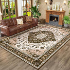 Amearea Vintage Design Area Rugs for Living Room, 4x6 Machine Washable Floral Collection Traditional Bedroom Rug, Low Pile Cute Kids Room Print Carpet, No Slip Office Kitchen Home Decor, Brown