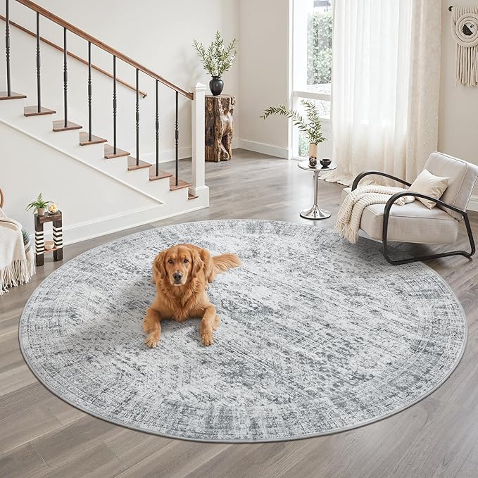 9x9 Grey Round Rug 9ft Living Room Circle Rug Vintage Round Area Rug Non Slip Indoor Carpet for Apartment