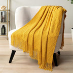 PAVILIA Mustard Yellow Knit Throw Blanket for Couch, Twin Bed, Soft Knitted Farmhouse Sofa Throw for Living Room, Lightweight Decorative Fall Blanket for Chair, Outdoor Textured Boho Blanket, 60x80