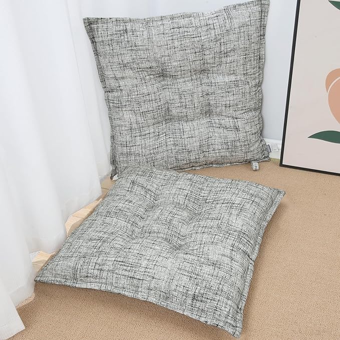 SINSOSSO Large Floor Pillows 22", Thickened Bite-Size Memory Foam Square Non-Slip Cushions for Office Back Support/Yoga/Chair Seat, Fashionable Color-Blocked Fabric & Washable, White-Gray, 2 PCS