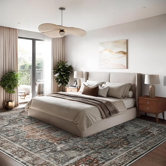8x10 Area Rugs for Living Room, Vintage Washable Rug with Non-Slip Backing, Stain Resistant Large Area Rug for Dining Room, Soft Rugs for Bedroom (Grey/Brown/Tan, 8'x10')