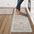 Boho Kitchen Mats for Floor 2 Piece Set Anti Fatigue Cushioned PVC Kitchen Rugs Non Slip Waterproof Farmhouse Mats 2/5 Inch Comfort Standing Mat for Sink, Laundry, 17.3"x59"+17.3"x28", Green Pink