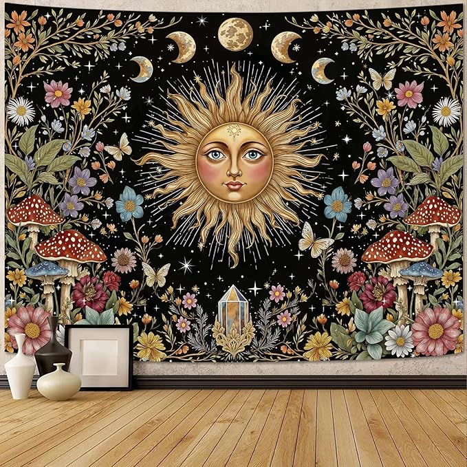 Aipon Boho Sun and Moon Tapestry Hippie Mushroom Floral Wall Tapestry for Bedroom Aesthetic Moon Phase Vintage Plant Celestial Large Tapestries Wall Hanging for Living Room Dorm 80 x 60 Inch