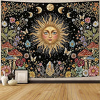 Aipon Boho Sun and Moon Tapestry Hippie Mushroom Floral Wall Tapestry for Bedroom Aesthetic Moon Phase Vintage Plant Celestial Large Tapestries Wall Hanging for Living Room Dorm 80 x 60 Inch