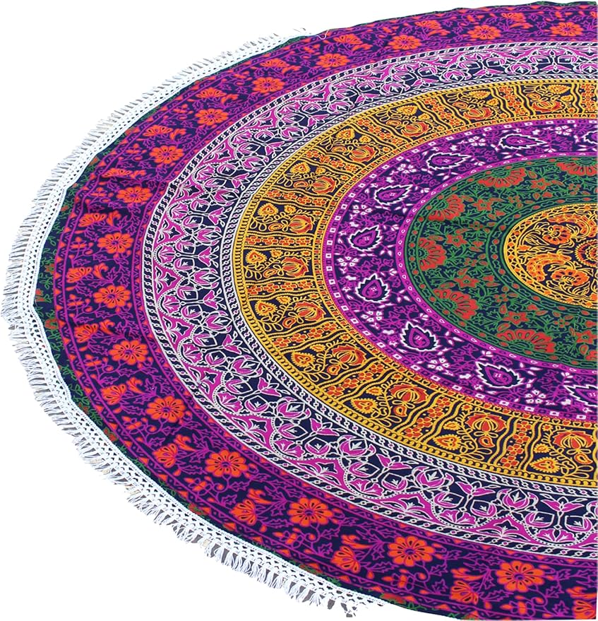 Round Beach Tapestry Turquoise Mandala Throw/Boho Hippie Beach Blanket Roundie/Indian Cotton Bohemian Large Round Table Cloth-Home Decor/Yoga Mat Meditation Picnic Rug (70", 6 color)