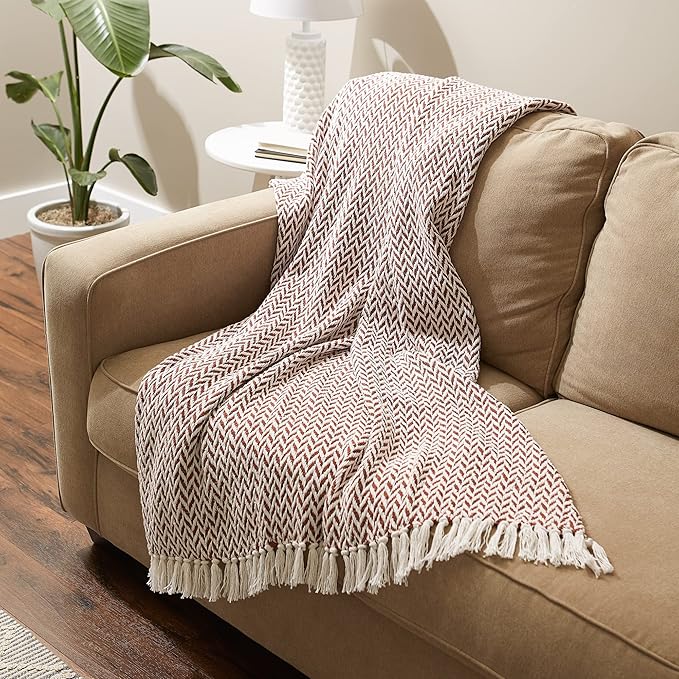 DII Modern Zig Zag Throw Blanket Woven Cotton, Hand-Knotted 2.5" Fringe, 50x60, Cinnamon