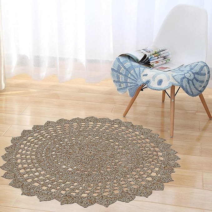 Jute Hand Crochet Rug, Natural/Spa Grey - 3 Feet Round, Non Slip Decorative Accent Floor Rugs for Entryway, Kitchen, Living Room, Nursery | Farmhouse Small Scalloped Rustic Door Mat for Patio Décor