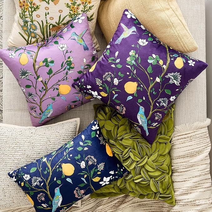 MUSSEL Purple Floral Pillow Covers 18x18 Set of 2, Velvet Wild Flower Plant Throw Pillows Case, Square Farmhouse Decor Cushion Covers for Home Sofa Bed Couch