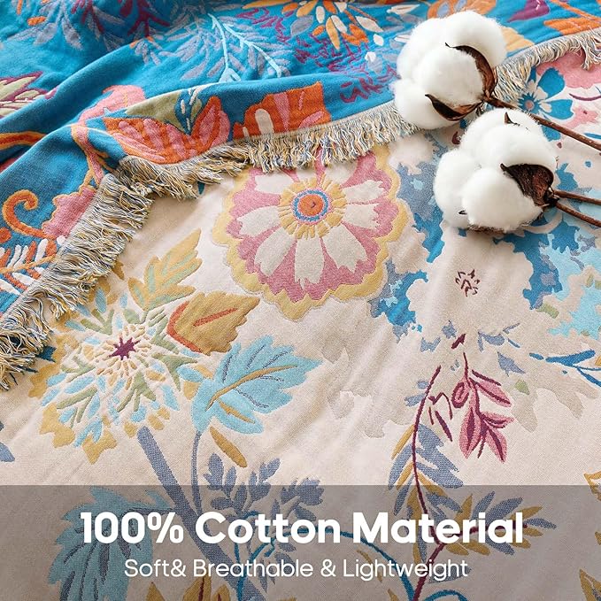 Boho Throw Blanket 60"x80" Floral Twin Bed Blanket with Sunflowers,100% Cotton Soft Breathable Lightweight Spring Decorative Tassel Reversible Blankets for Couch Sofa Decor All Season