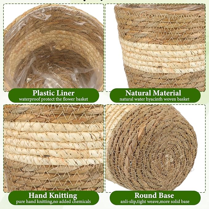 12 Pcs Seagrass Plant Basket with Plastic Liners Woven Stylish Planter Baskets Bulk Indoor Outdoor Plants Woven Wicker Baskets for Flower Pots Cover and Room Decor Small (Small,Bohemian)