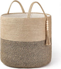 Mkono Woven Storage Basket Decorative Rope Basket Wooden Bead Decoration for Blankets,Toys,Clothes,Shoes,Plant Organizer Bin with Handles Living Room Home Decor, Yellow and Black, 16" W × 13.8"