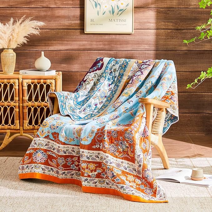 Boho Throw Blanket 100% Cotton Muslin Woven Blanket Bohemian Bed Throws Vintage Rustic Farmhouse Decor Reversible Bed Blanket Quilt for All Seasons（Yellow 90"x98"）