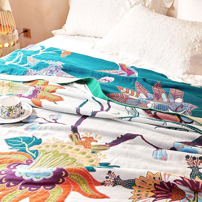 Boho Throw Blanket, 100% Organic Cotton Breathable Skin-Friendly Ultra Soft Bed Quilt Throw - All Season Floral Bird Farmhouse Décor Luxury Blanket for Sofa Couch Chair and Gift. 50" x 60"
