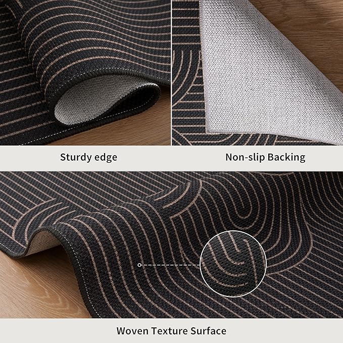 Tangsoo Modern Easy Jute 5x7 Area Rug for Living Room,Black Thin Washable Rug Non Slip Rubber Backing Indoor Outdoor Carpet,Farmhouse Throw Mat for Office Bedroom Backyard