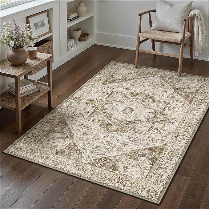Brown Area Rug 4x6 Vintage Office Washable Distressed Kitchen Carpet Non Slip Soft Indoor Traditional Medallion Retro Accent Throw Rug for Entryway Bedroom Dining Living Room