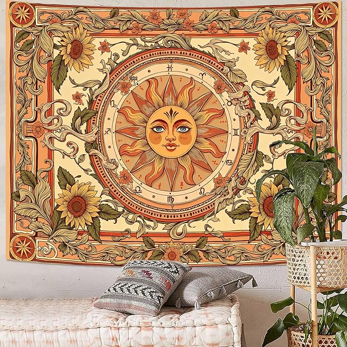 Accnicc Yellow Sun Tapestry Boho Floral Sunflower Plant Wall Tapestry for Bedroom Aesthetic Vintage Flower Celestial Large Tapestries Wall Hanging for Dorm Living Room Decor 80 x 60 Inch