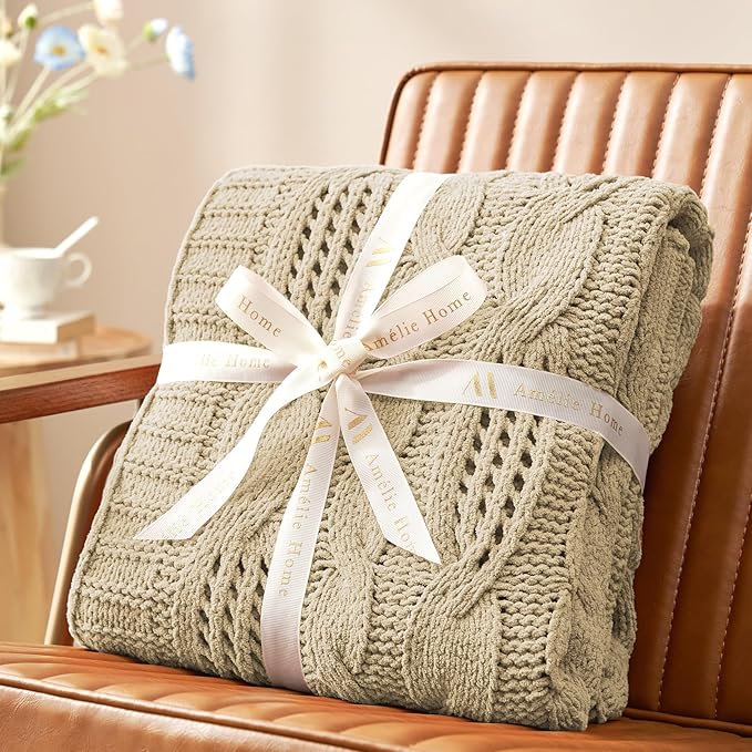 Amélie Home Chunky Knit Throw Blanket, Dual-Sided Soft Chenille Breathable Cable Knitted Blanket for Couch, Farmhouse Decorative Throw for Sofa & Chair, 50"x60", Beige