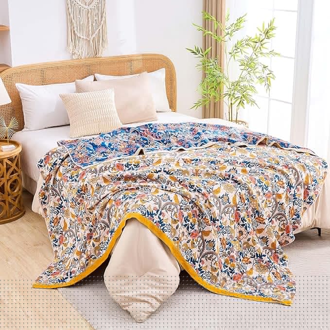 Boho Blanket Throw Quilt, 100% Cotton Soft Light Weight Throw Blankets for Summer, 90"x98" Farmhouse Flower Decorative Blankets, All Season Rustic Reversible Bohemian Throw Quilt