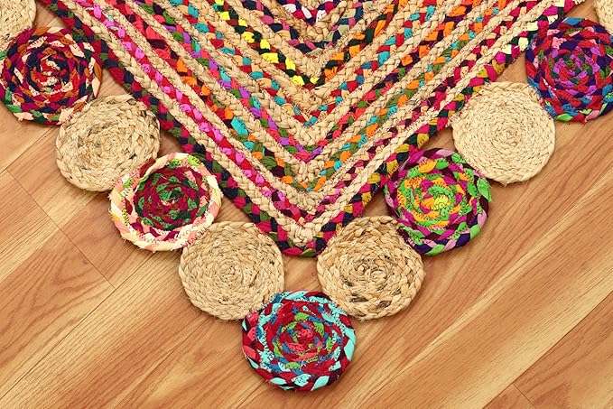 Square Area Rug - 3x3 Feet Multicolor Cape Code Chindi Cotton Jute Rug Geometric Kilim Rug Indoor Outdoor Use Carpet Flatweave Rugs for Bedroom Bedside Custom Mat Dining Table Mat