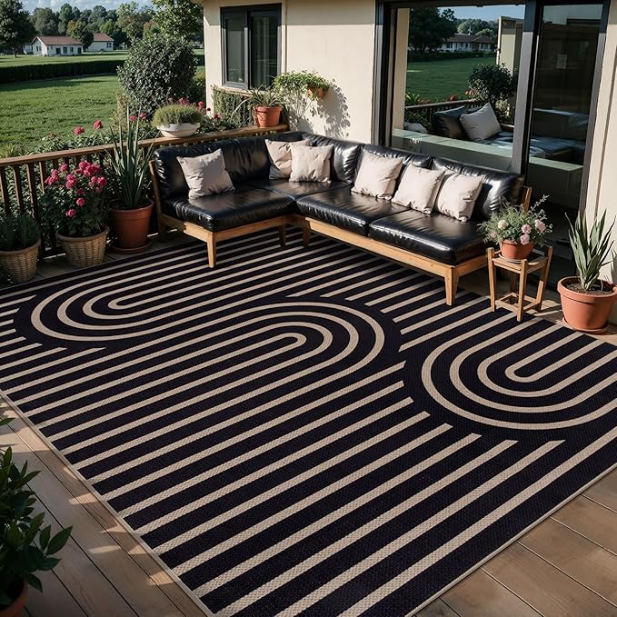 Tangsoo Easy Jute 5x7 Large Washable Area Rug for Dining Room Table,Non-Slip Black Outdoor RugThin Indoor Mat,Modern Farmhouse Rainbow Carpet for Living Room Bedroom Patio Home Decor