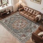 5x7 Area Rugs, Stain Resistant Machine Washable Area Rugs with Non-Slip Backing, Vintage Rugs for Bedroom, Living Room, Large Soft Low Pile Area Rug (Grey/Brown/Tan, 5'x7')