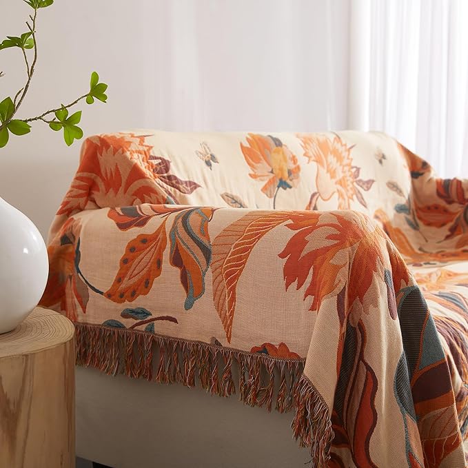 Boho Throw Blanket for Bed 90”x108”, 100% Cotton Woven Blanket for Couch Sofa, Ultra Soft 4-Layer Muslin Quilt with Floral Printed, Farmhouse Bed Blanket/Cover for Living Room Decor