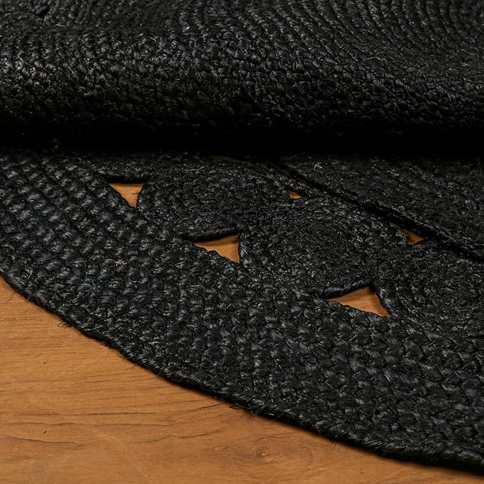 Hand Woven Braided Jute Rug - 5' Round - Black Reversible Farmhouse Rugs for Living Room, Bedroom, Dining Room, Kitchen - Natural Decorative Floor Boho Entry Area Rugs - Round Rug 5ft