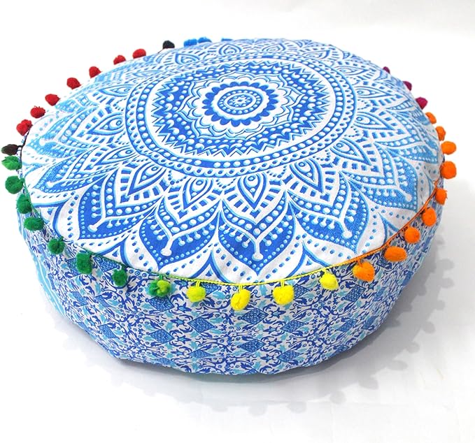 INDIAN CRAFT CASTLE ICC Mandala Barmeri Large Floor Pillow Cover Cushion Meditation Seating Ottoman Throw Cover Hippie Decorative Zipped Bohemian Pouf Ottoman Cases Blue Ombre 24" Round