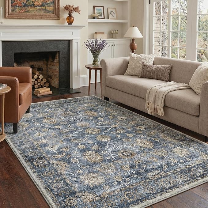 GENIMO Area Rug 2x3 Doormat, Machine Washable Low Pile Rugs, Small Retro Chenille Entryway Mat for Entrance, Hallway, Kitchen and Corridor, Distressed Blue Taupe