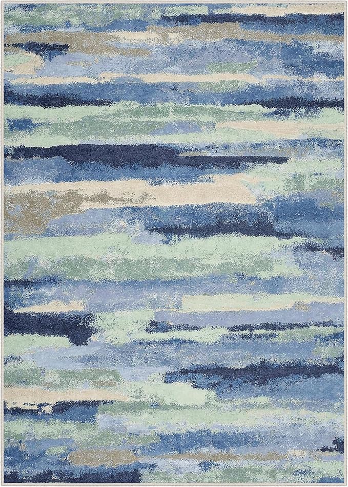 GENIMO 5X7 Washable Modern Area Rugs for Living Room, Non-Slip Low Pile Chenille Print Rug, Soft Rugs for Bedroom Dining Room Home Office, Sage & Tide