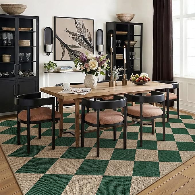 6x9 Checkered Easy Jute Area Rug for Living Room Large Checkerboard Washable Indoor Outdoor Carpet Farmhouse Patio Office Mat Geometric Non Slip Green Carpet for Backyard Dining Room