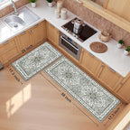 Boho Kitchen Mats for Floor 2 Piece Set Anti Fatigue Cushioned PVC Kitchen Rugs Non Slip Waterproof Farmhouse Mats 2/5 Inch Comfort Standing Mat for Laundry, 17.3"x59"+17.3"x28", Green-Tinted Grey