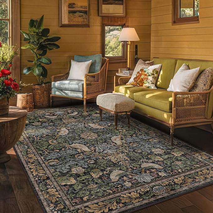 Boho Living Room Rug 5x8 - Dark Green Rugs 5x8 for Bedroom, Dining Room, Office with Vintage Forest Farmhouse Botanical & Bird Design, Non Slip Stain Resistant Low Pile - Brown