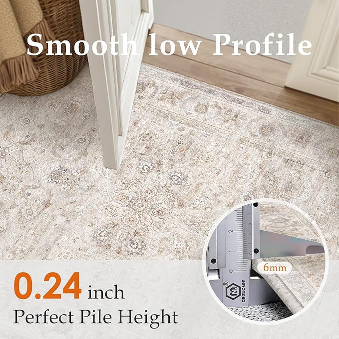 5x7 Area Rug Beige Washable Vintage Living Room Carpet Bedroom Indoor Non Slip Soft Low Pile Thin Stain Resistant Distressed Accent Throw Rug for Dining Office Nursery