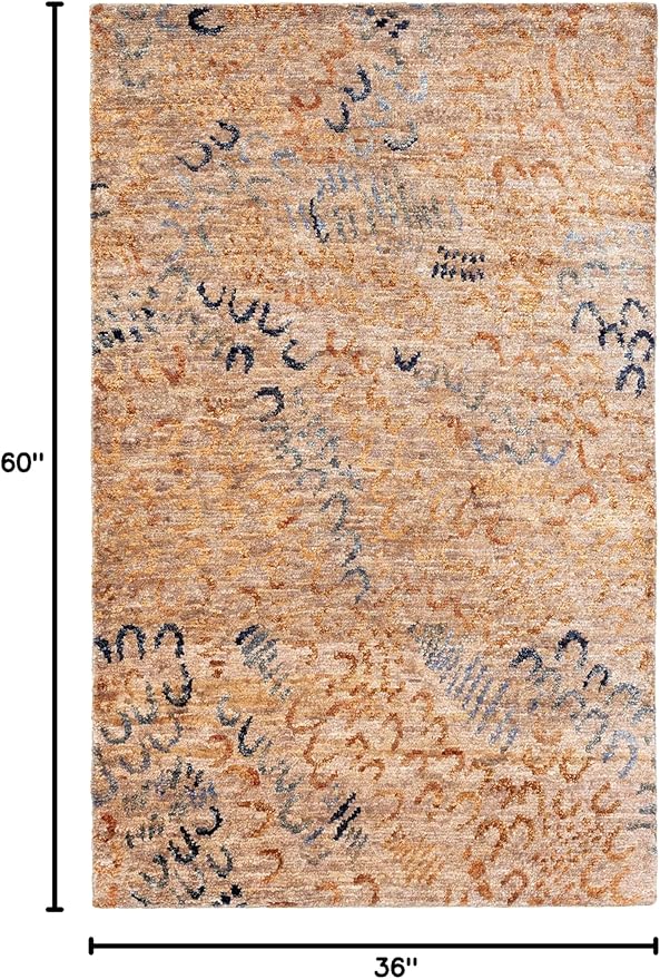 Dash and Albert Horseshoe Neutral Hand Knotted Jute Rug, 3 X 5 Feet, Neutral/Blue Geometric Pattern - Premium Luxury Hotel Quality Soft Breathable Hypoallergenic Machine Washable Easy Care All