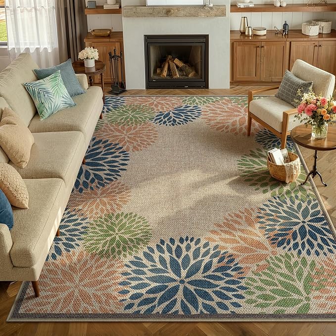 LIVEBOX Modern Easy Jute Outdoor Rug 8x10, Washable Rugs for Living Room Indoor Outdoor Non Slip Large Patio Tropical Floral Farmhouse Area Rugs, Carpet for Backyard Decor(Olive 8'x10')