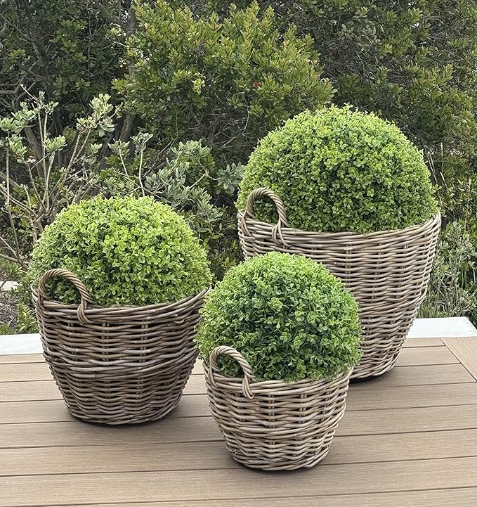 Kouboo Rattan Kobo Indoor Outdoor Planter Basket with Ear Handles Plastic Pot Large 5 Gallon Soil Capacity